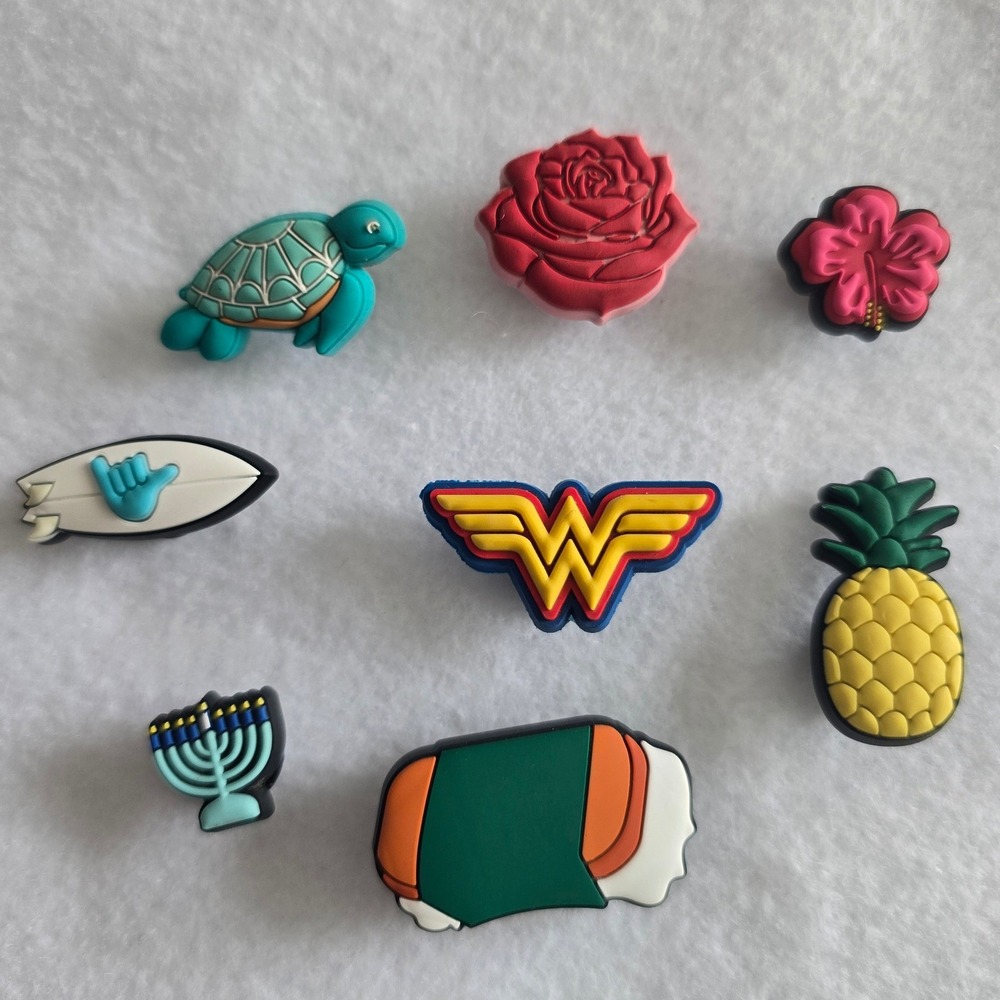 Jibbitz Shoe Charms Lot of 8 Wonder Woman Turtle Pineapple Menorah Rose Surf